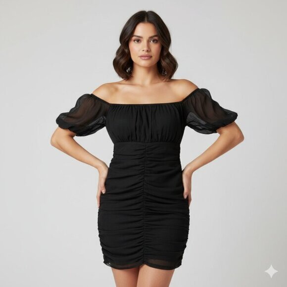 Lioness Mini Dress Black Ruched Gathered Off Shoulder puff Sleeve Size Medium - Picture 1 of 12